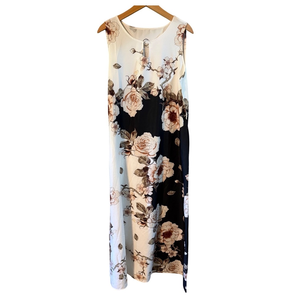 Floral Maxi Dress Women‎ 2XL White Black Colorblock Sleeveless Keyhole Neck Long